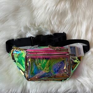 Holographic Iridescent Crossbody Belt Bag - Pink Trim